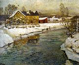 Fritz Thaulow Cottage by a Canal in the Snow painting